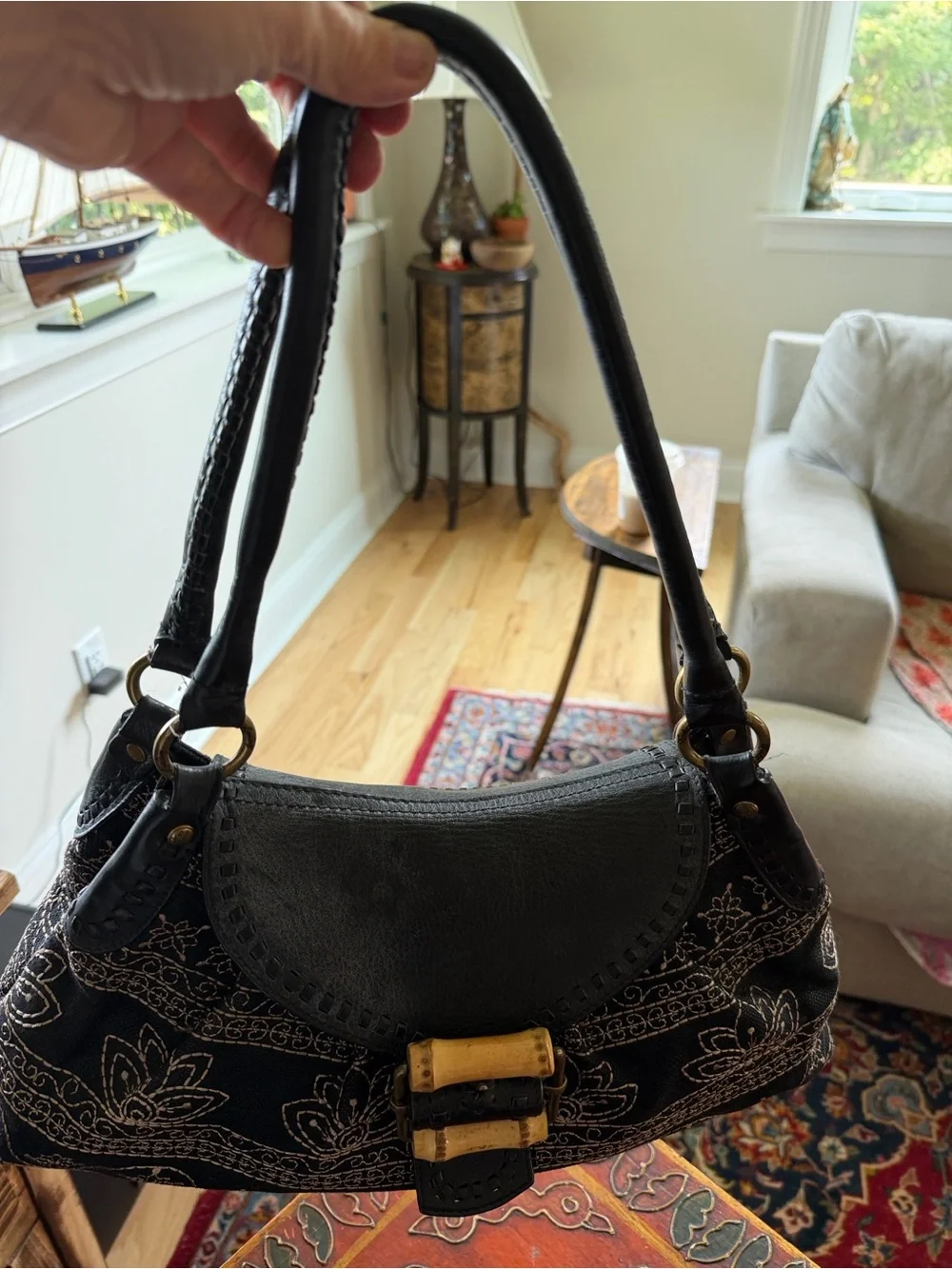 Kate Landry Black lotus flower Shoulder Bag with Gold Bamboo Accent